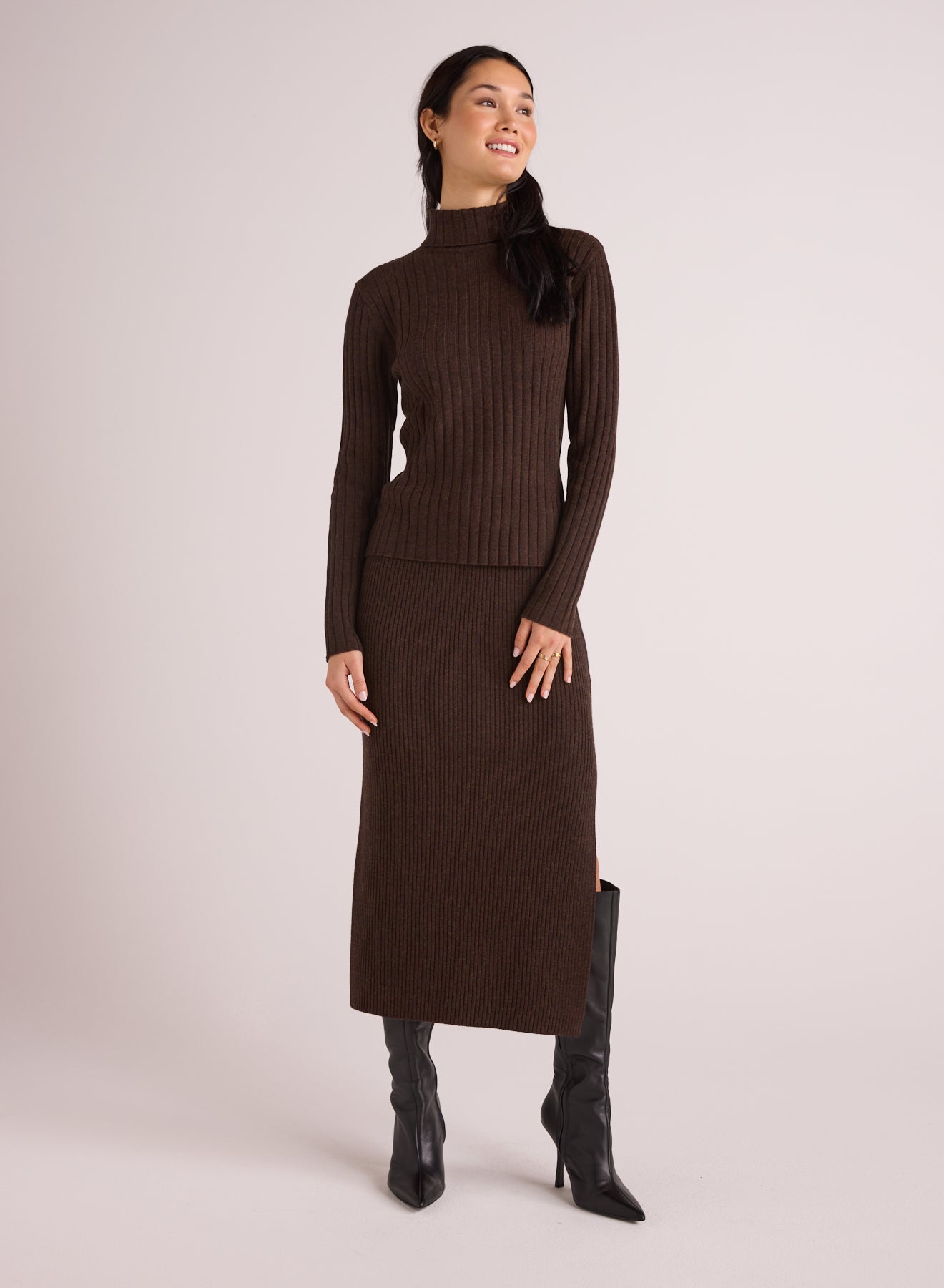 Ribbed Knit Skirt with Side Slit - Heather Brown