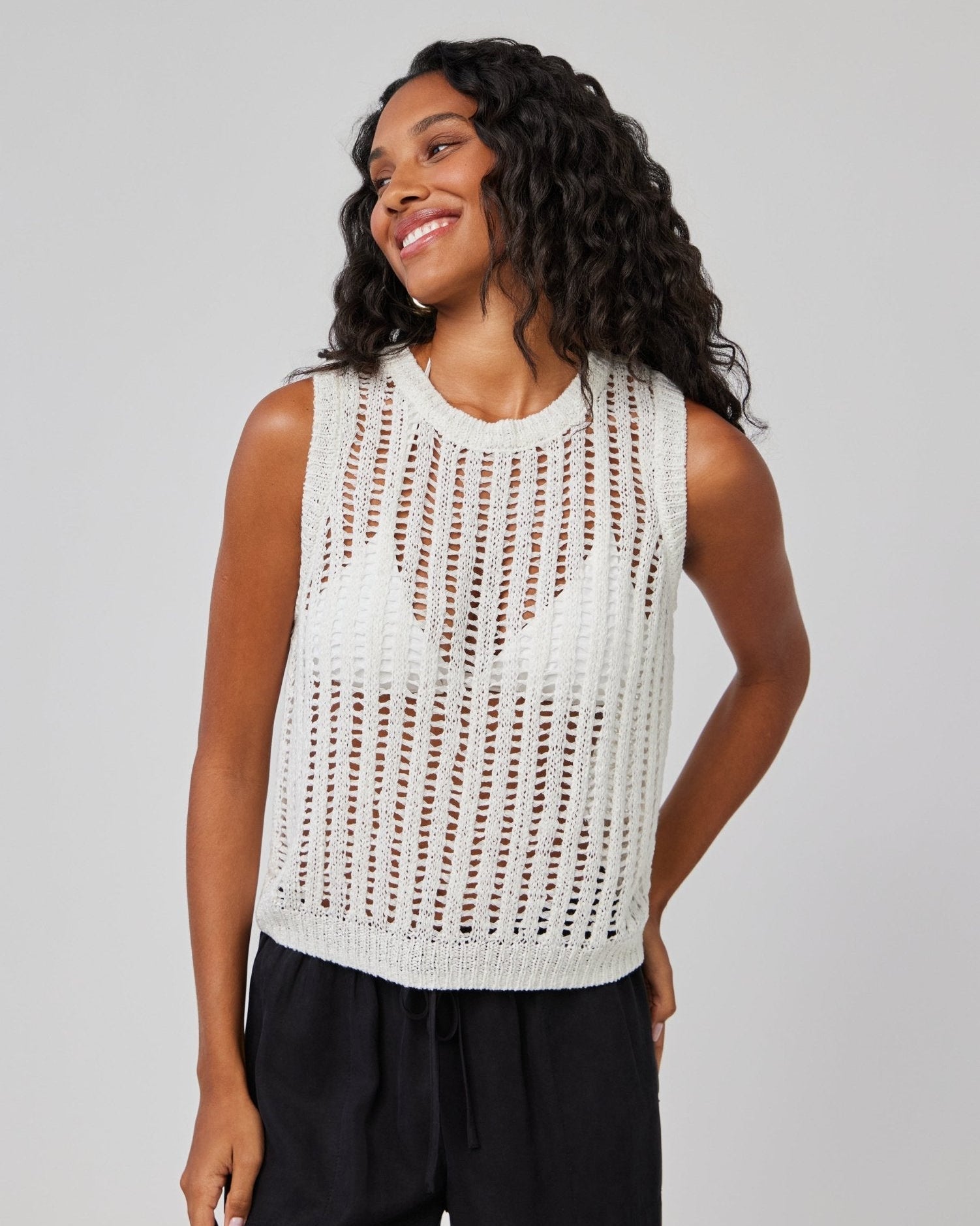 Sleeveless Open Knit Sweater - White