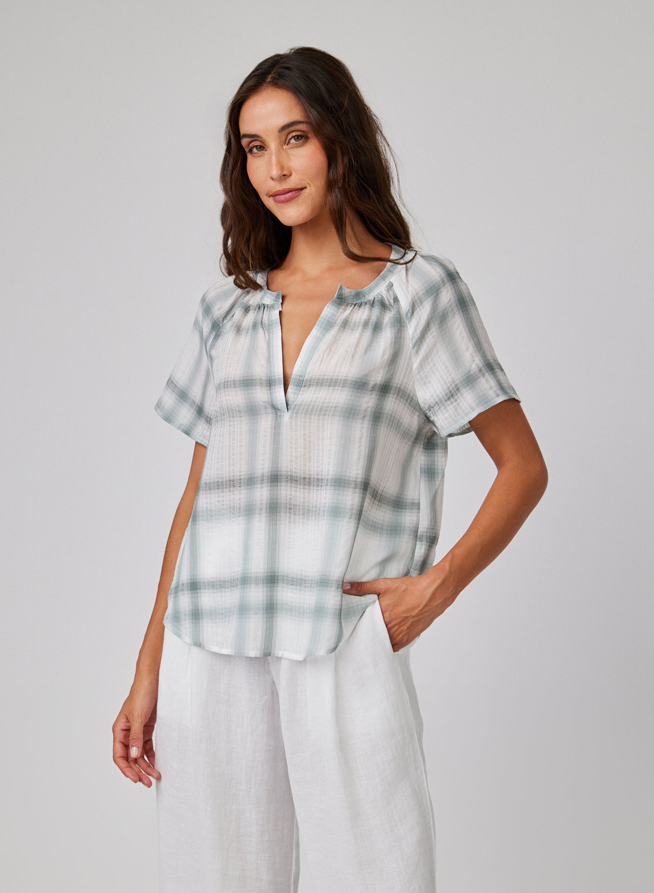 Raglan Cap Sleeve Pullover - Sage Shadow Plaid