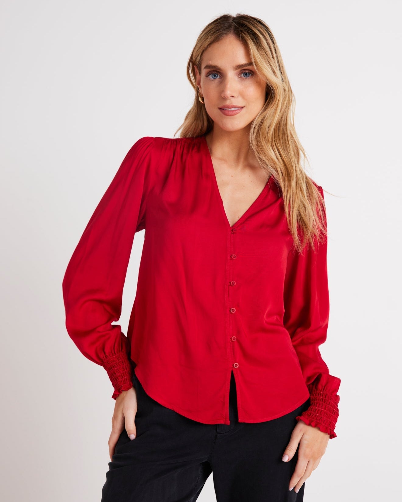 Smocked Cuff Button Down - Cherry Red