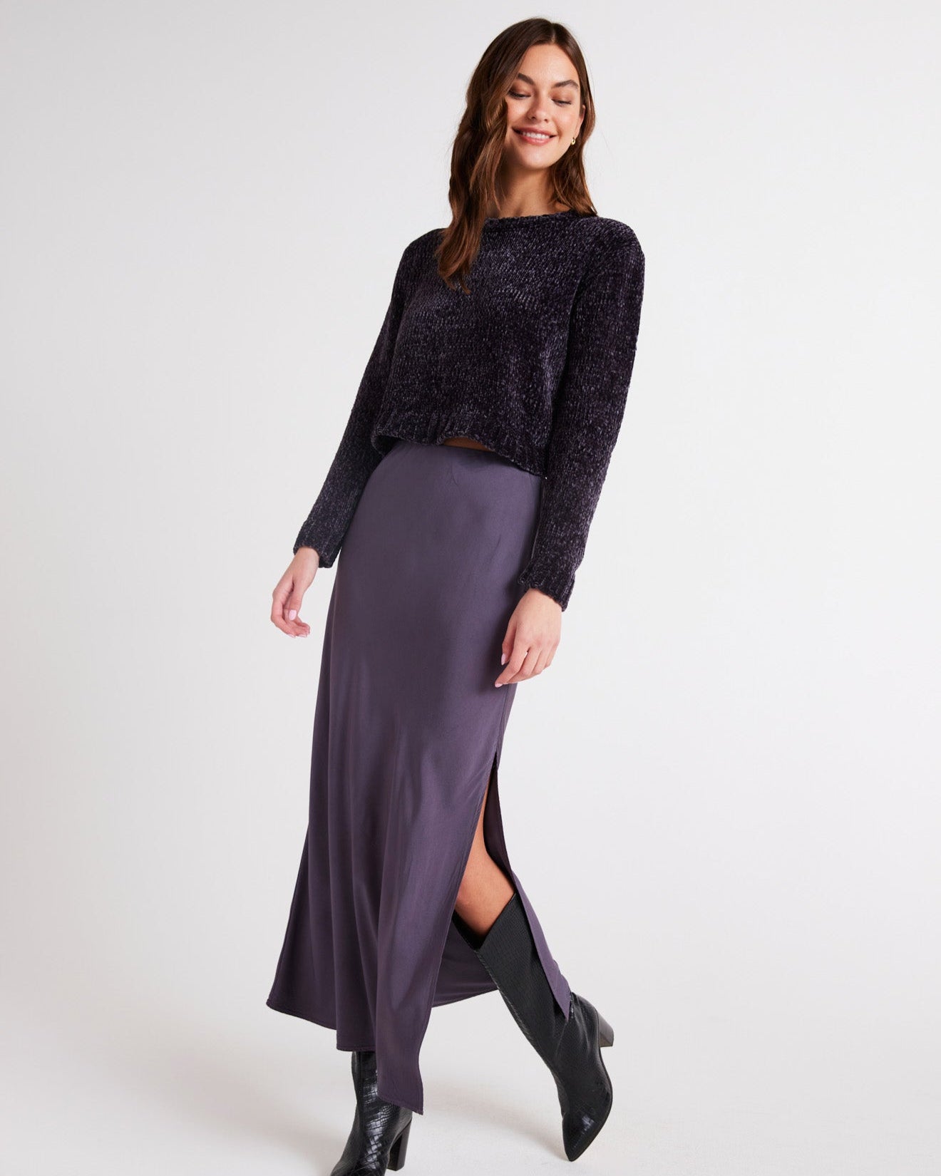 Satin Side Slit Maxi Skirt - Galaxy Smoke