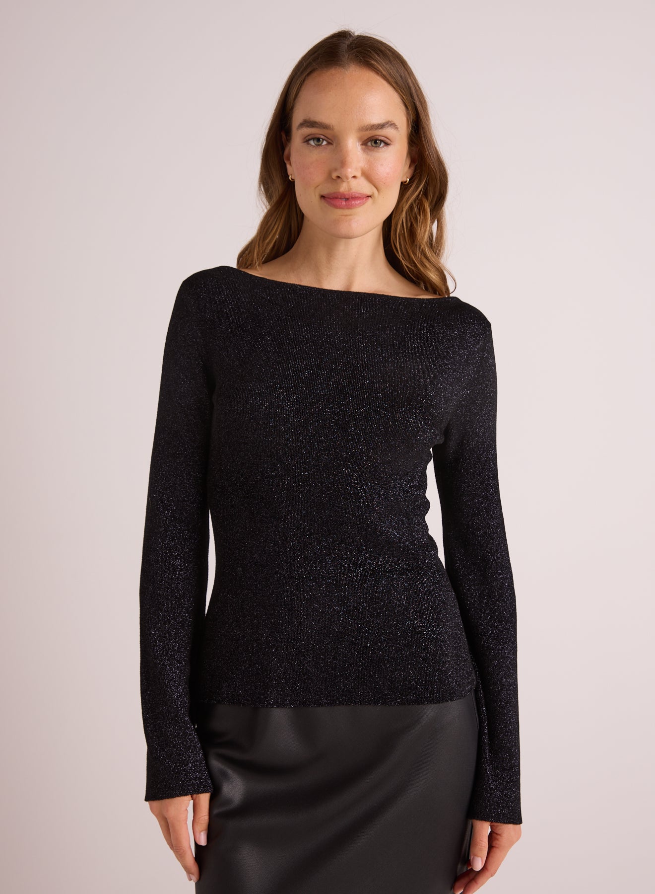 Boatneck Long Sleeve Sweater - Black with Metallic