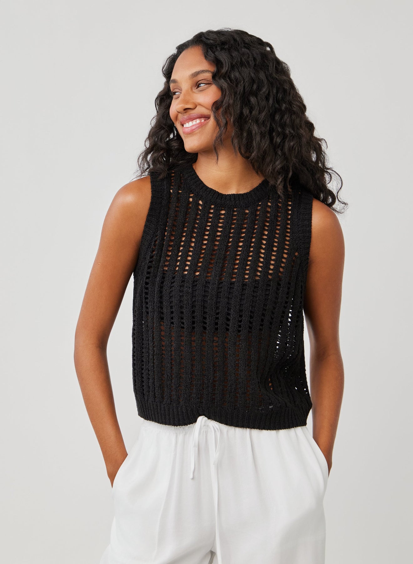 Sleeveless Open Knit Sweater - Black