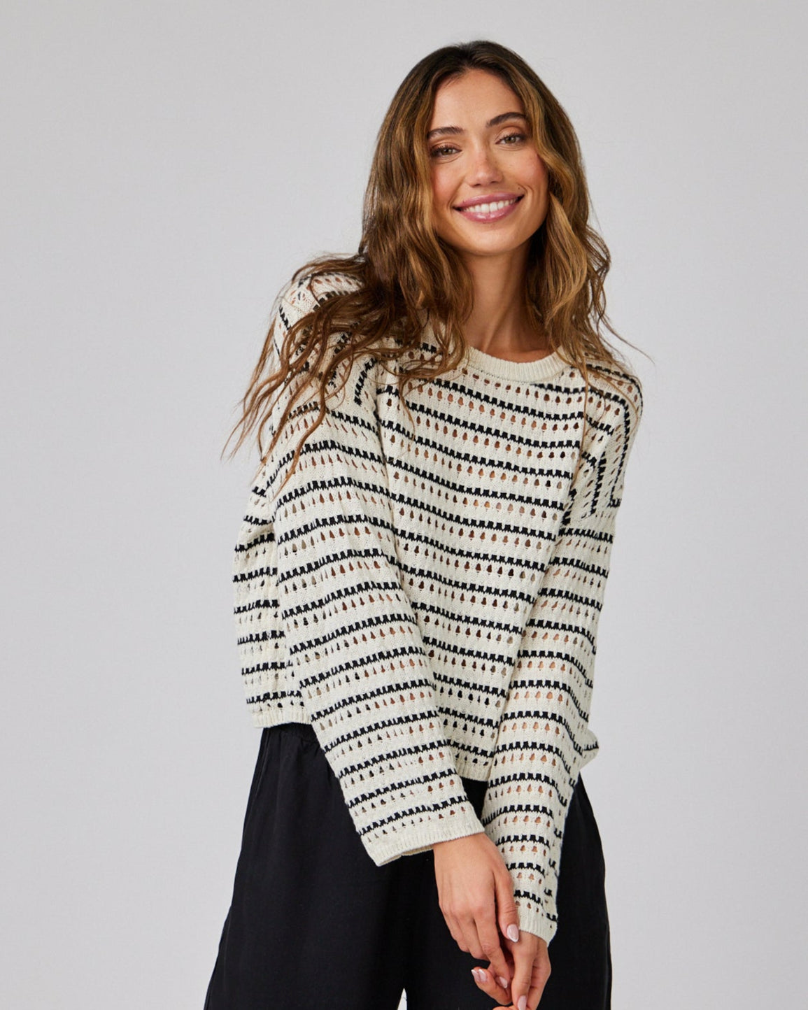 Crew Neck Sweater - Ivory & Black Stripes