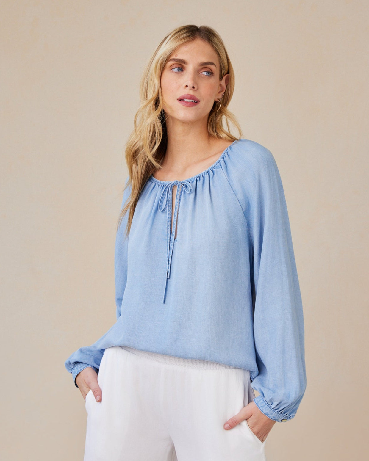 Shirred Raglan Tie Front Blouse - Coastal Spray Wash