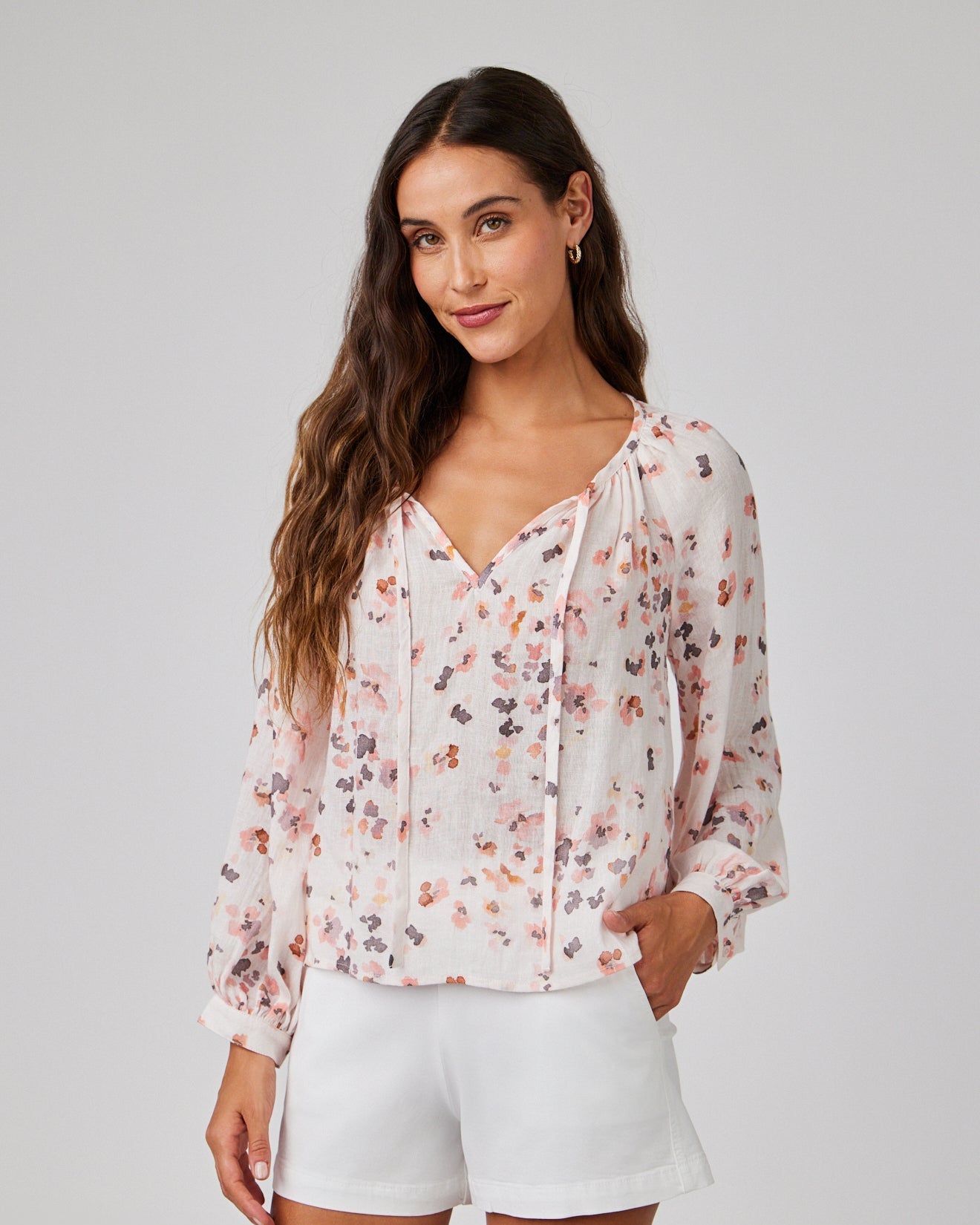 Shirred Raglan Tie Front Blouse -  Hana Floral Print