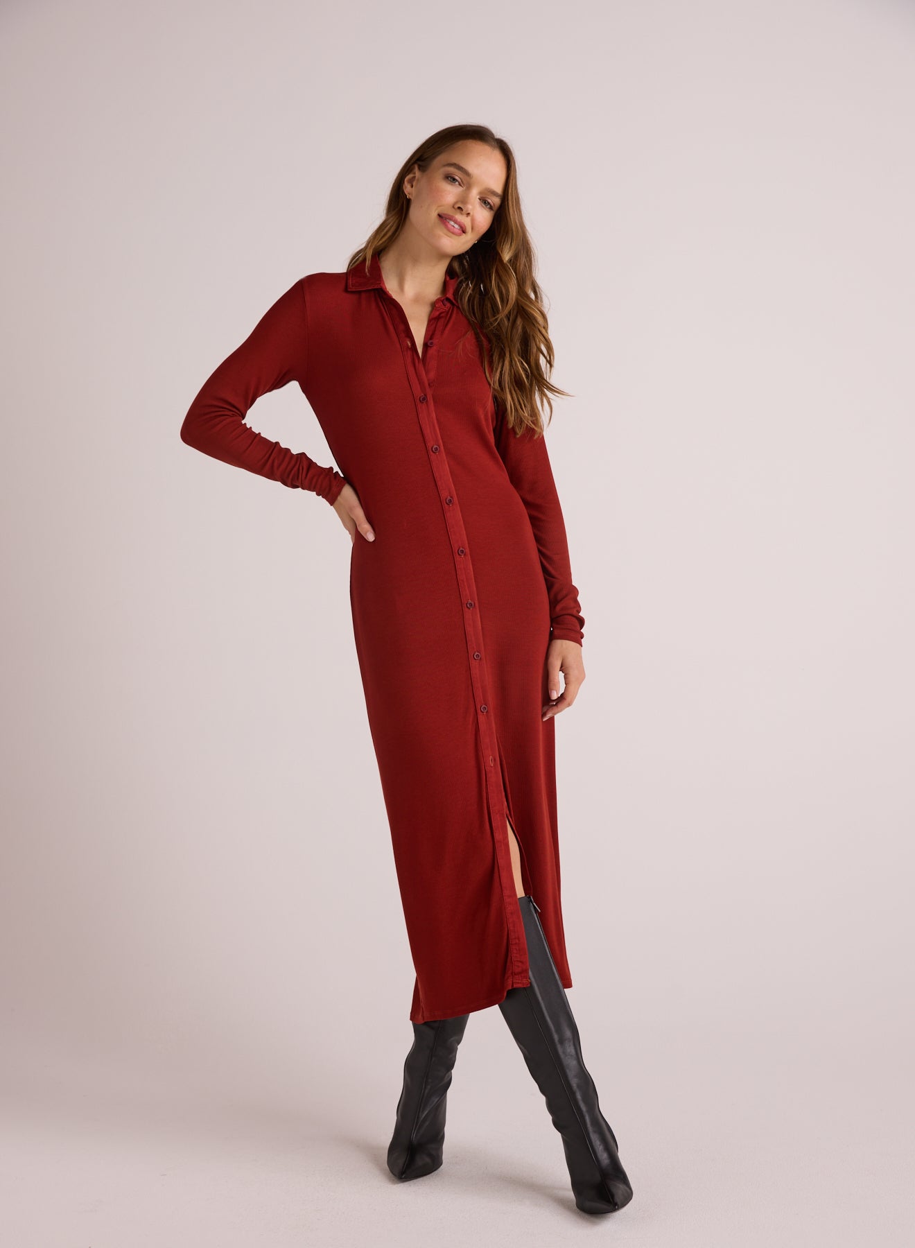 Rib Button Down Shirt Dress - Rustic Red
