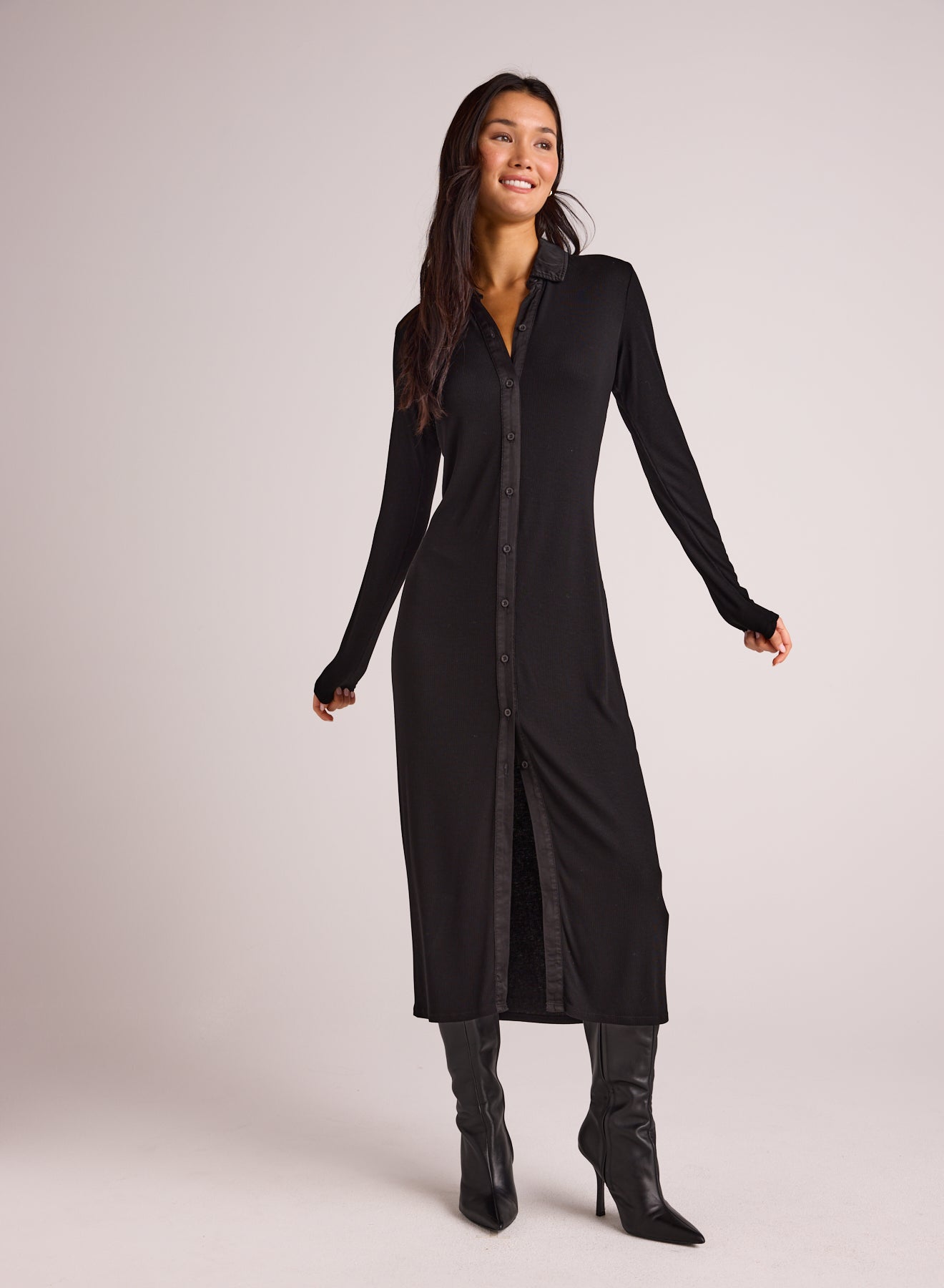 Rib Button Down Shirt Dress - Black