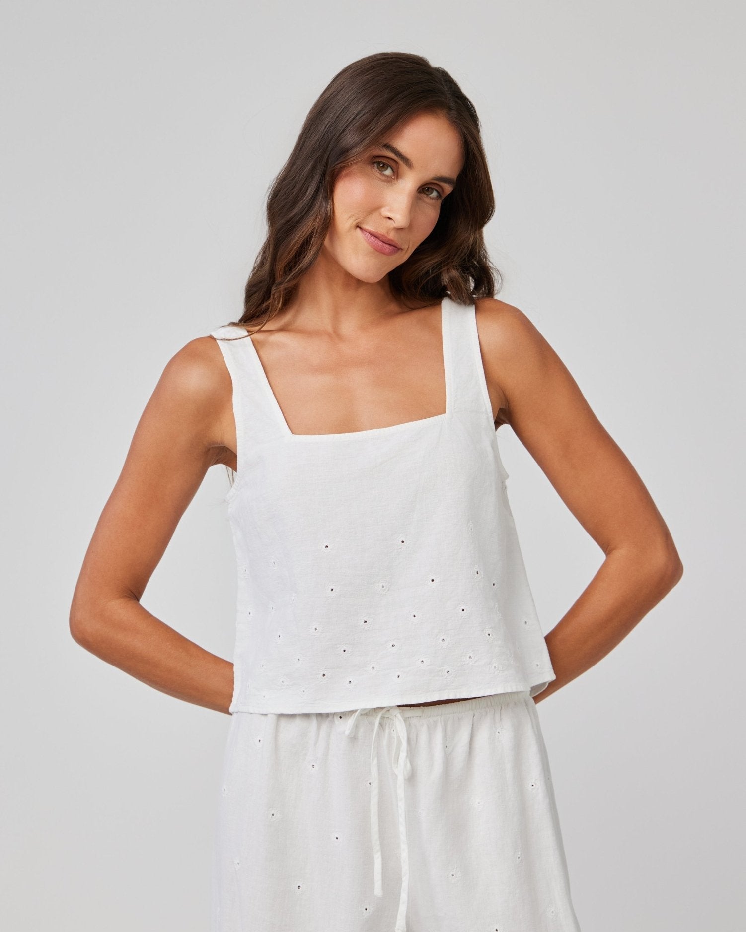 Square Neck Button Back Tank - White