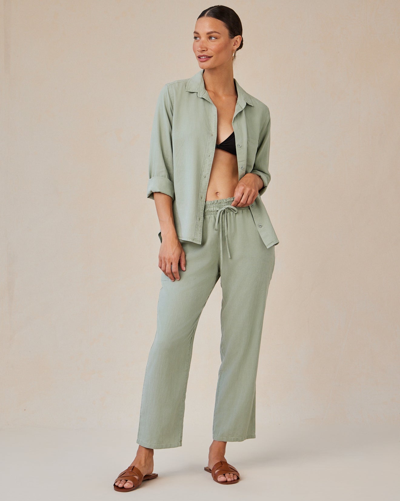Smocked Waist Trousers - Olive Grove